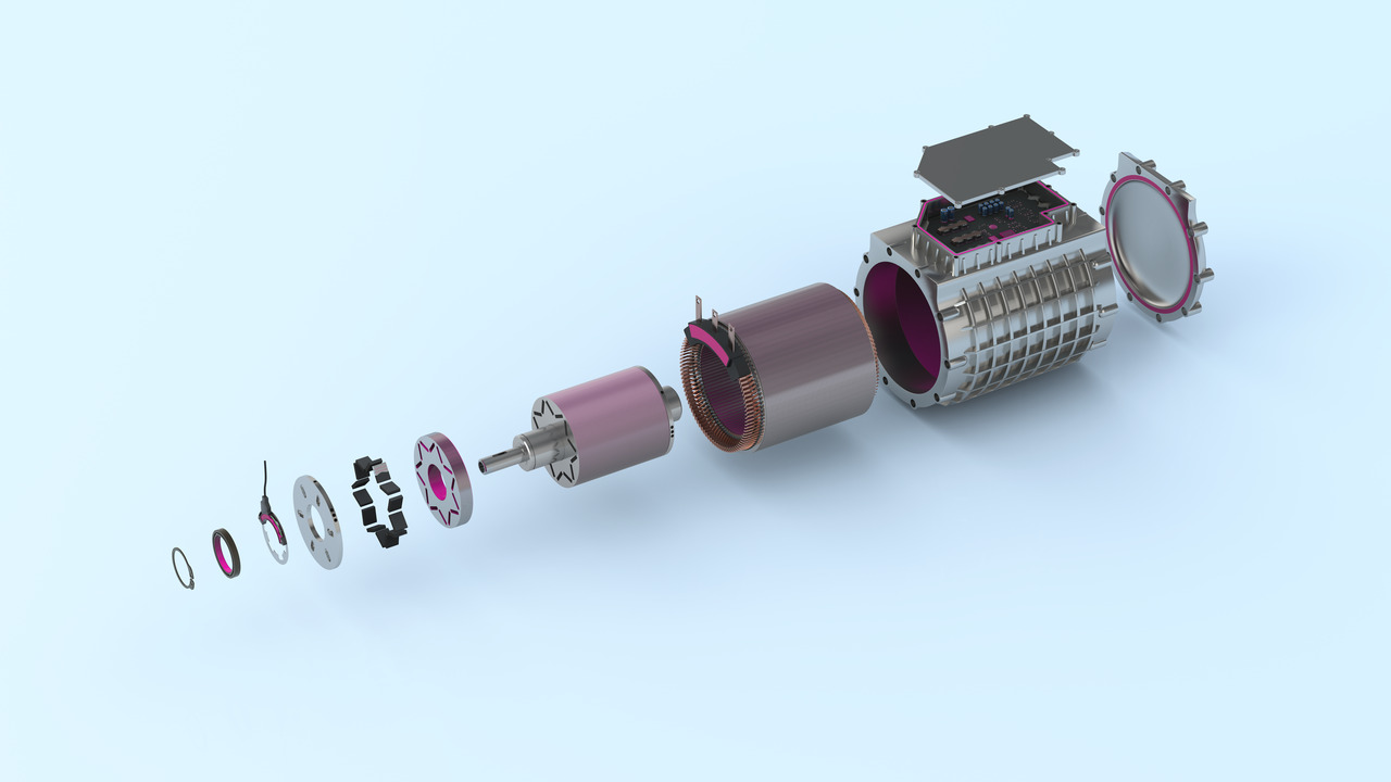 Explosions-Zeichnung Elektromotor Explosions-Zeichnung Elektromotor mit farblicher Kennzeichnung von DELO-Klebstoff